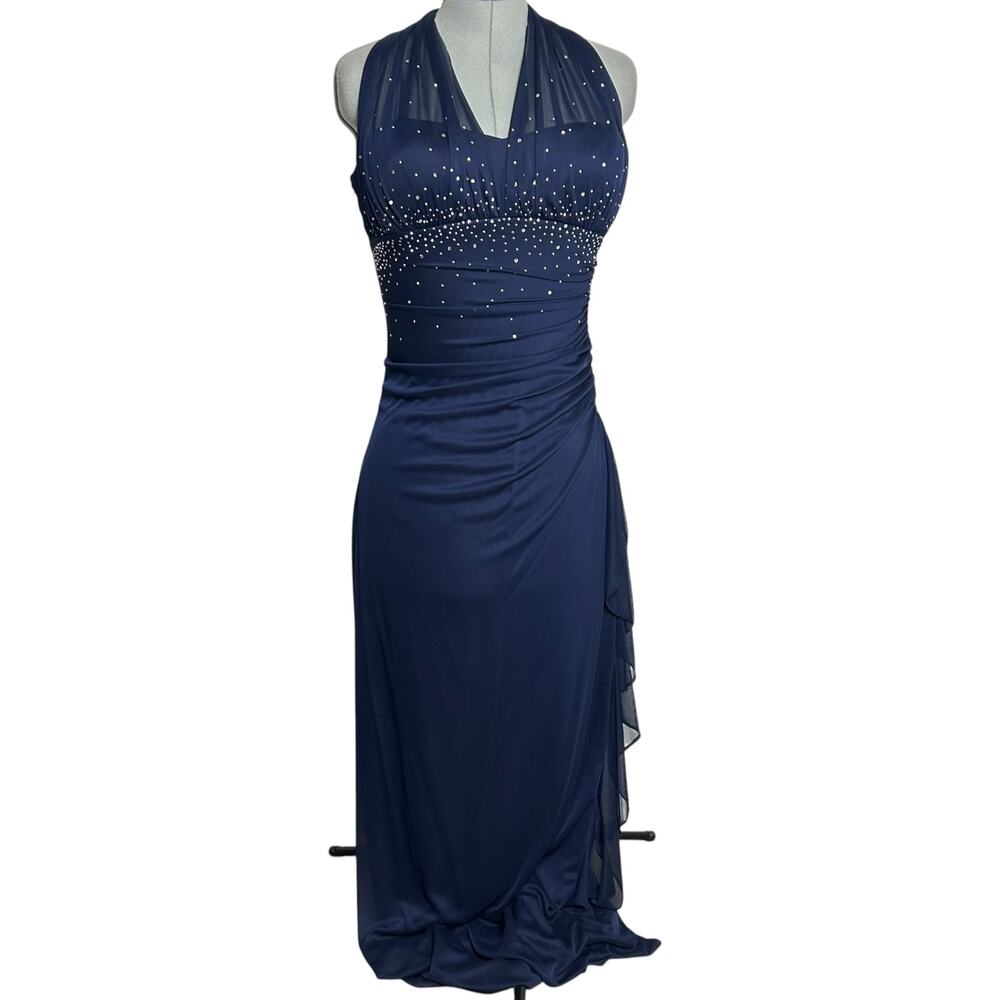 Vintage Navy Blue Bedazzled Rhinestoned Halter Neck Whimsygoth Gown